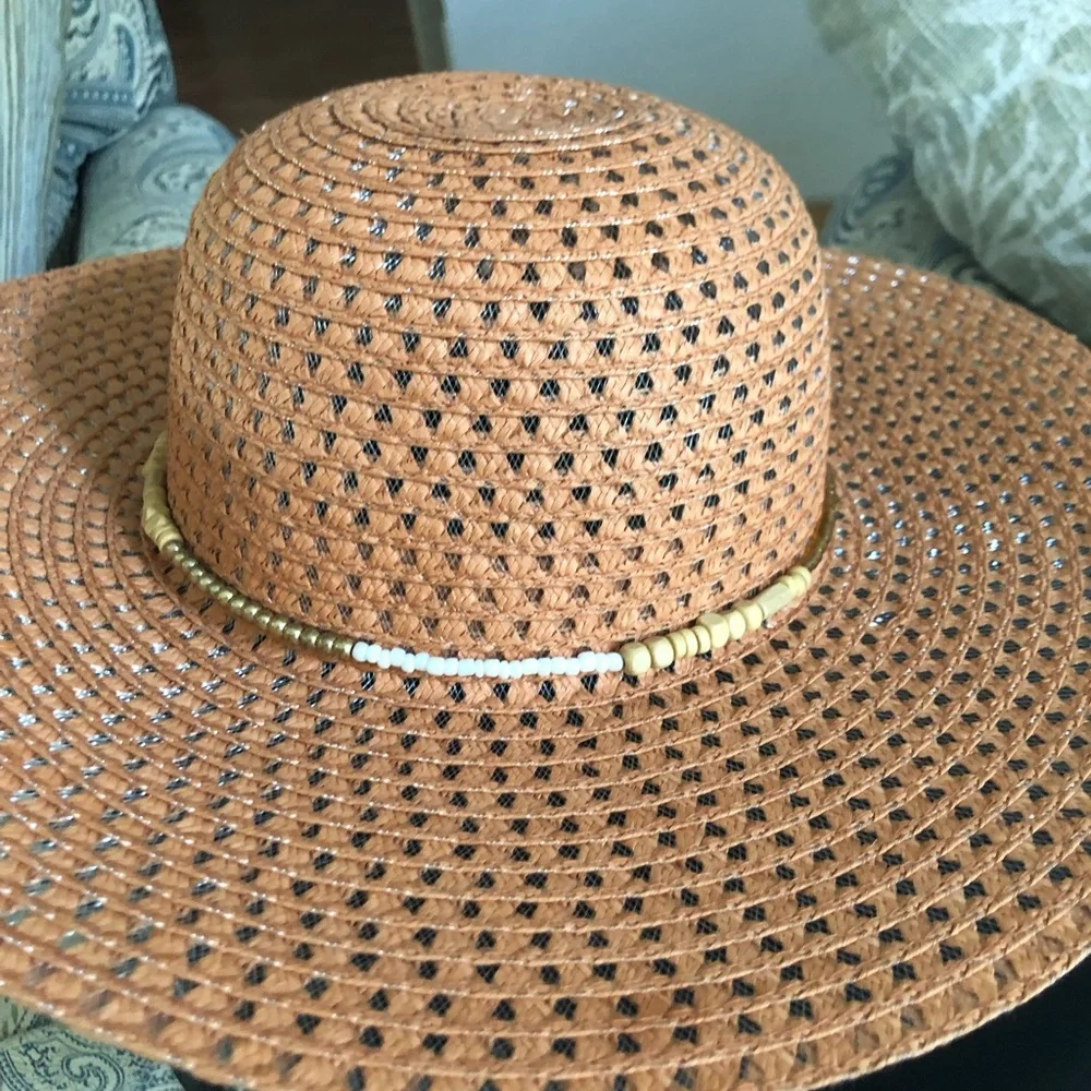 Woven Straw Sun Hat with Beaded Accent - Orange